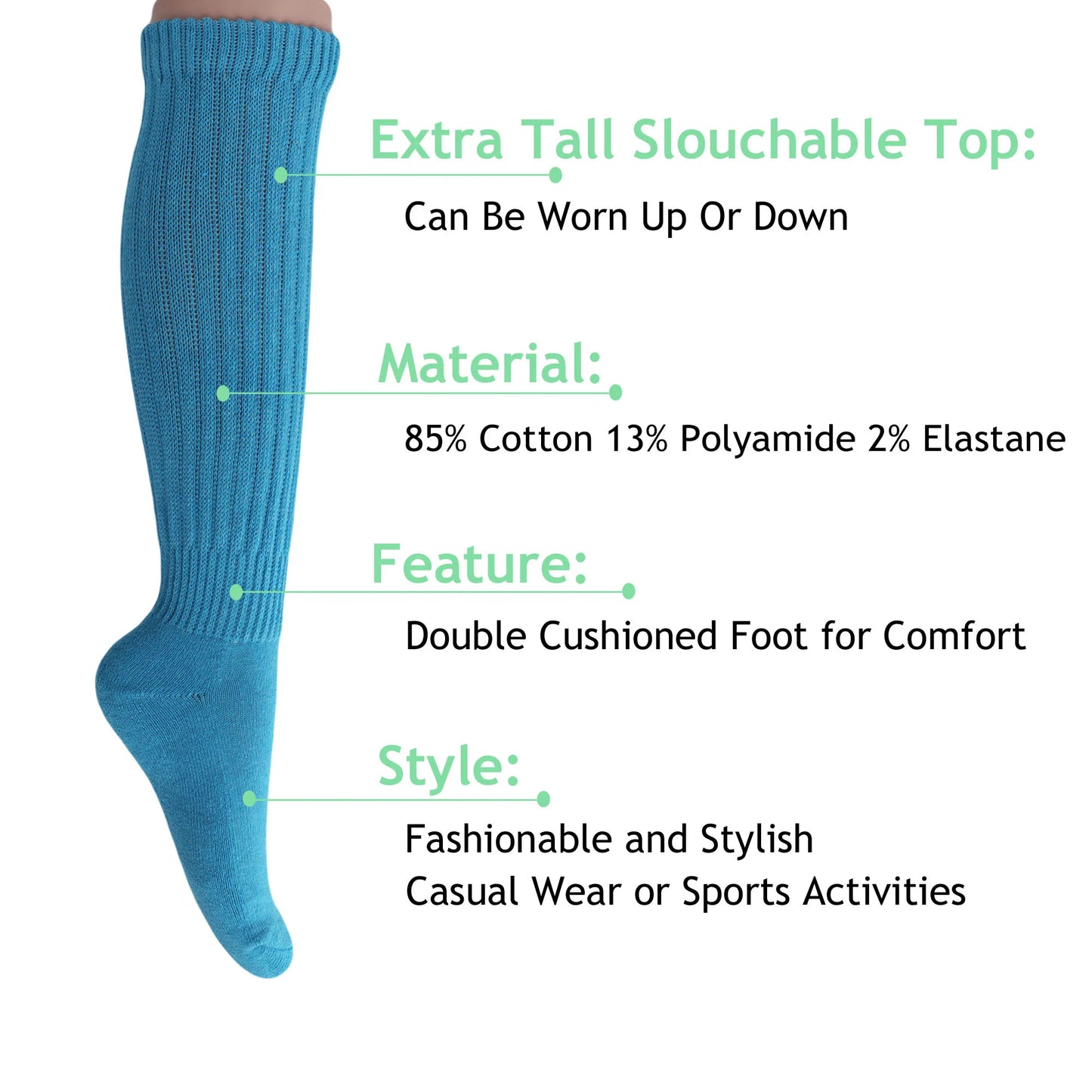 2 Pairs - Turquoise Blue Slouchy Scrunch Socks for Women Cotton Knee High Shoe Size 5 to 10