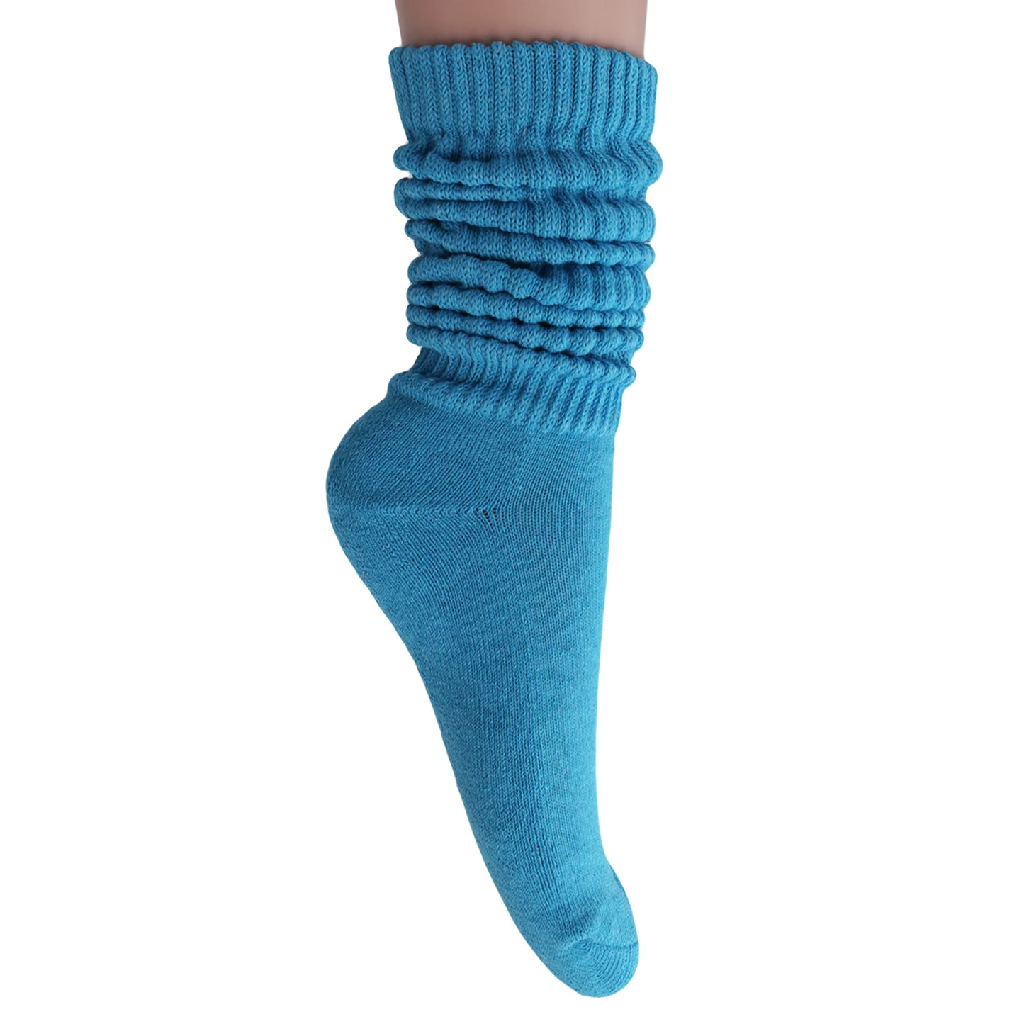 2 Pairs - Turquoise Blue Slouchy Scrunch Socks for Women Cotton Knee High Shoe Size 5 to 10