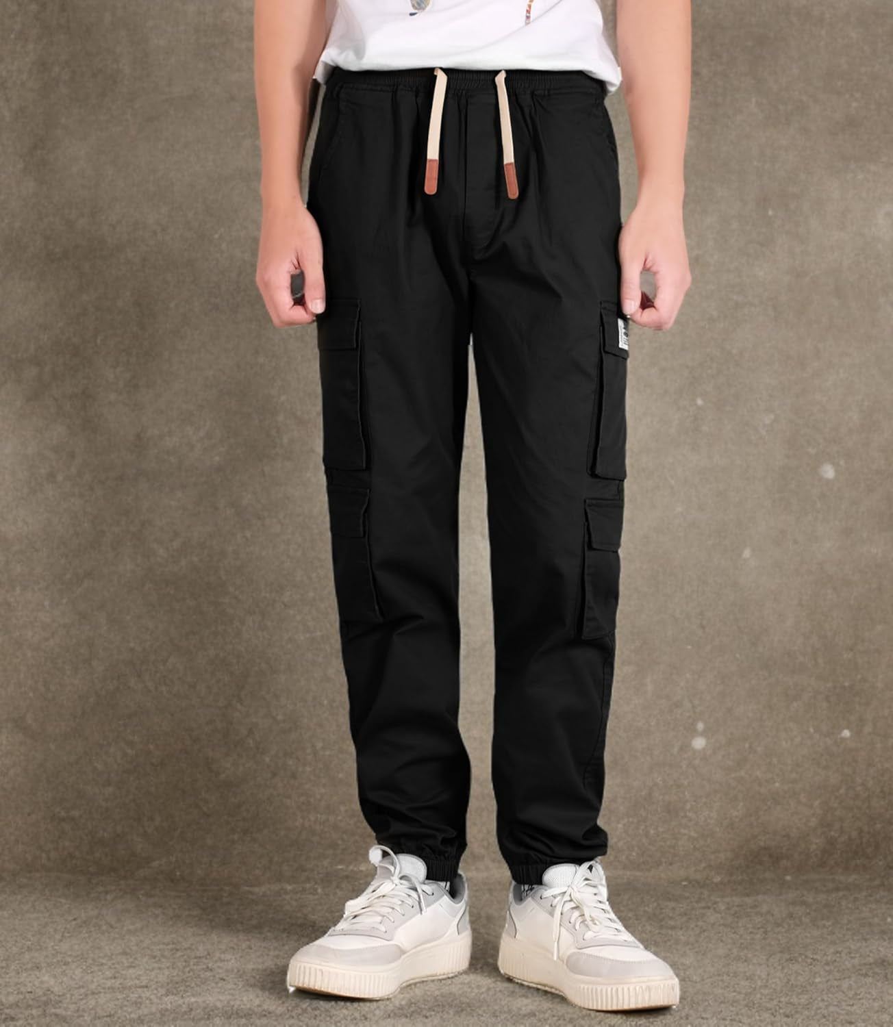 Boys Cargo Pants Cotton Casual Pants Drawstring Loose Jogging Bottoms Elastic Cuffed Cargo Joggers