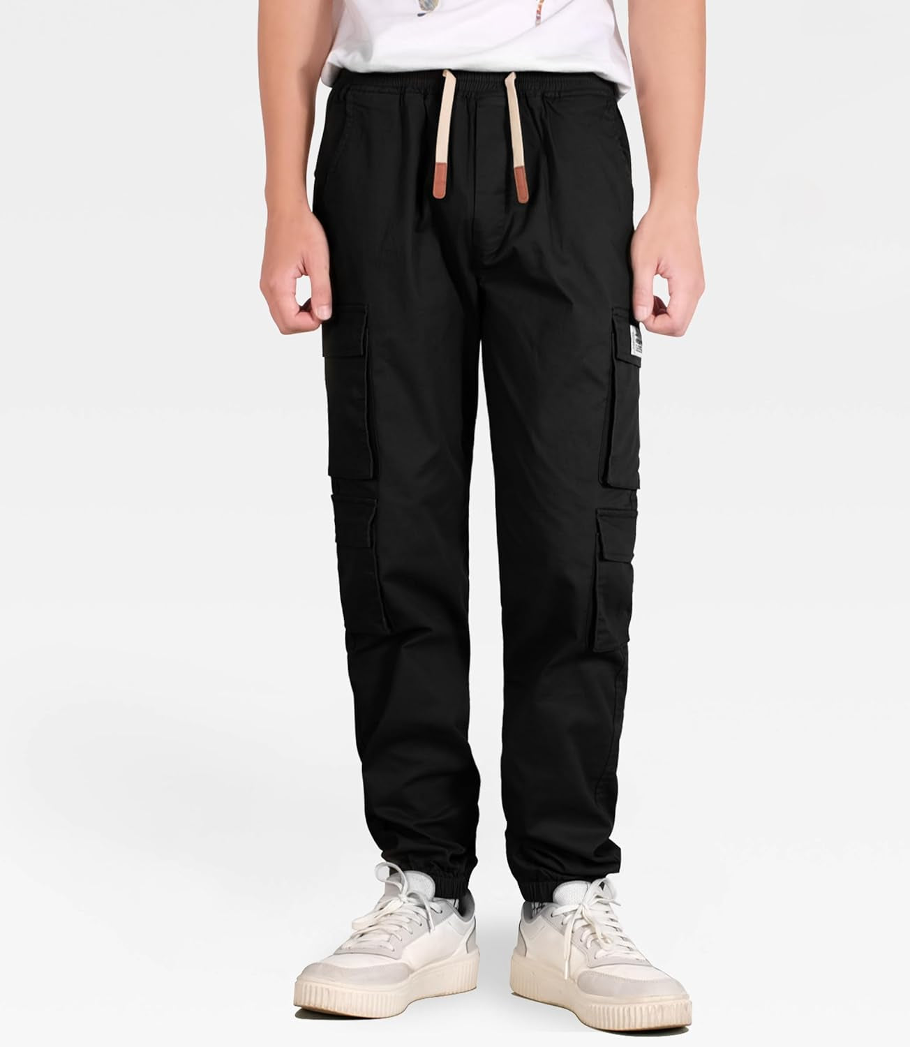 Boys Cargo Pants Cotton Casual Pants Drawstring Loose Jogging Bottoms Elastic Cuffed Cargo Joggers