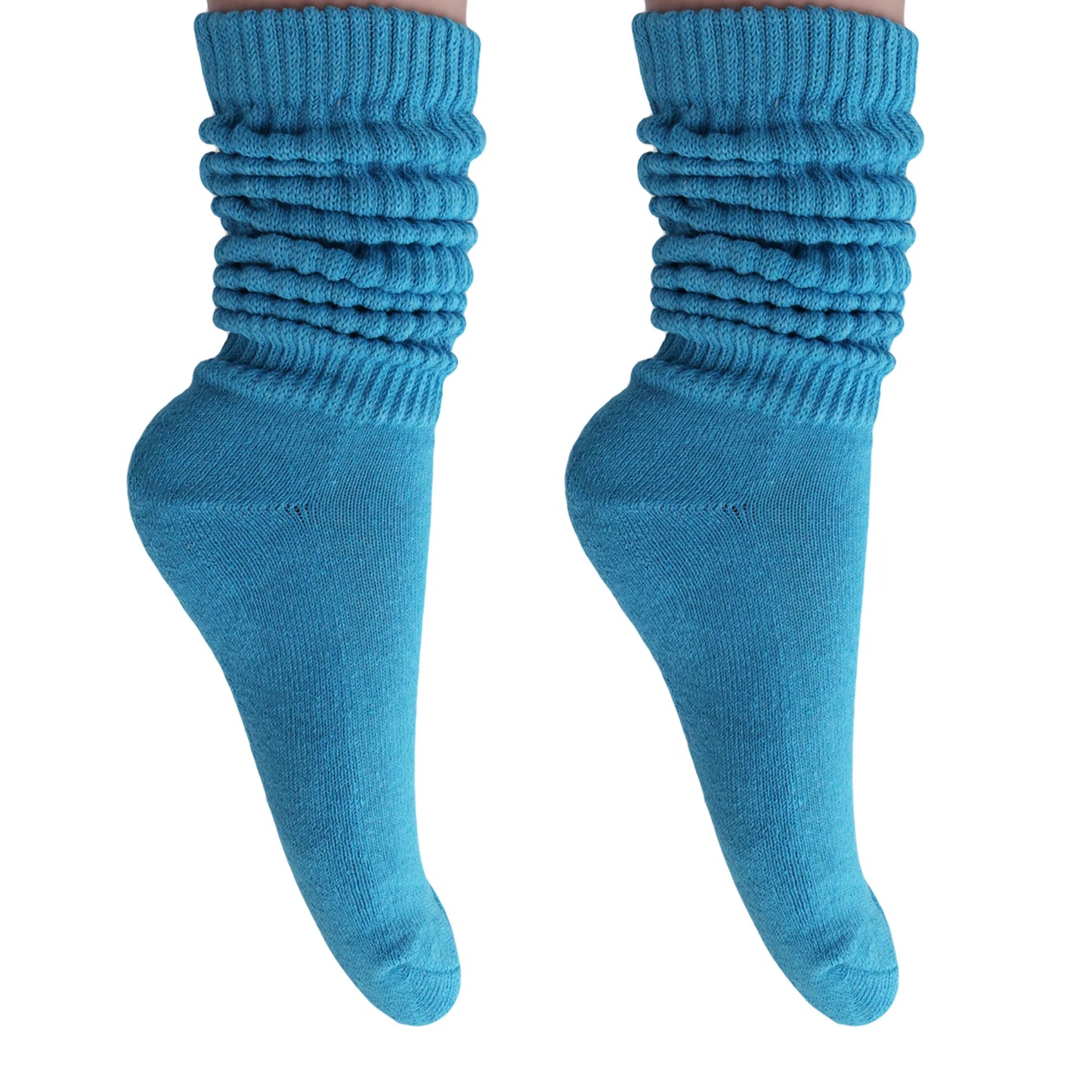 2 Pairs - Turquoise Blue Slouchy Scrunch Socks for Women Cotton Knee High Shoe Size 5 to 10