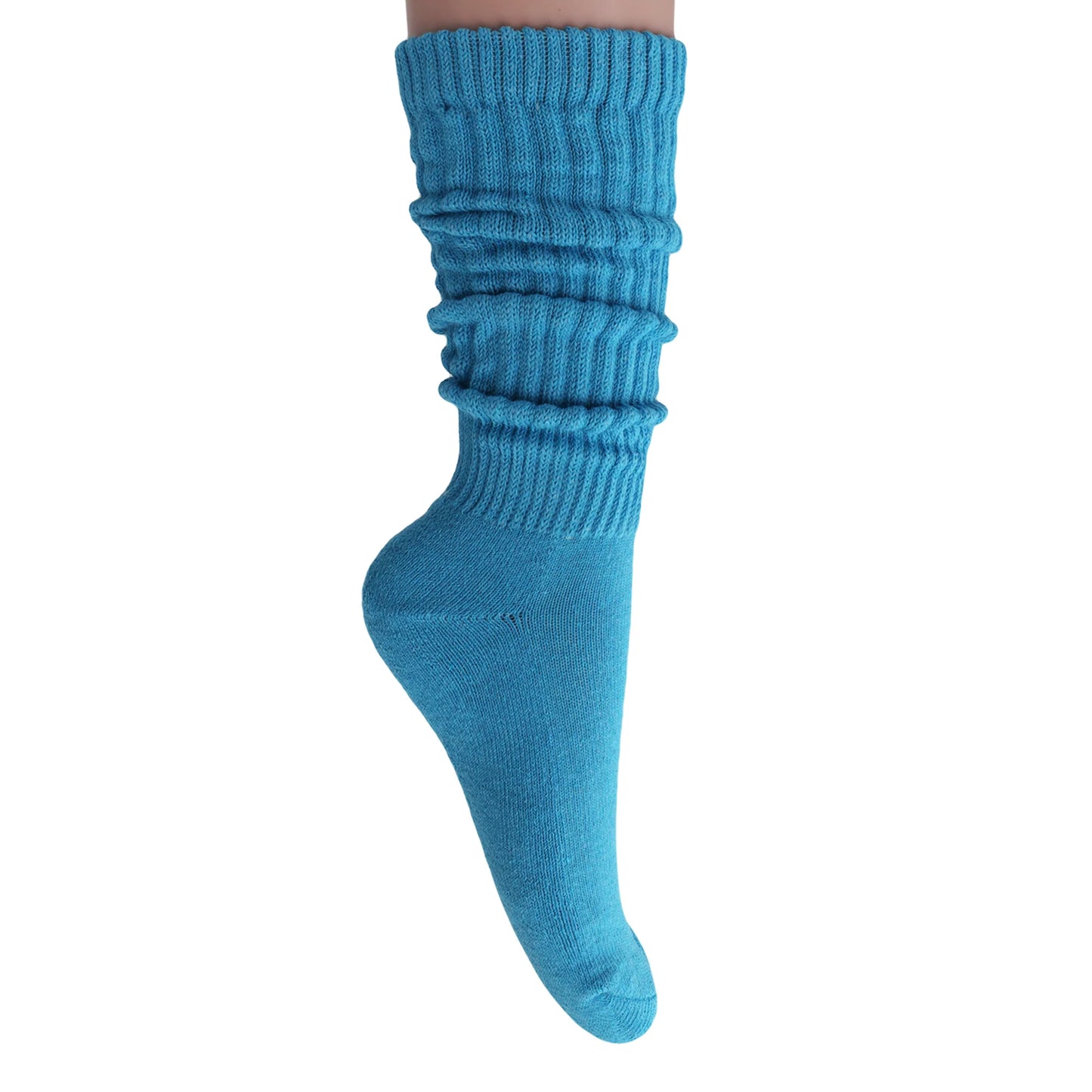 3 Pairs - Turquoise Blue Slouchy Scrunch Socks for Women Cotton Knee High Shoe Size 5 to 10