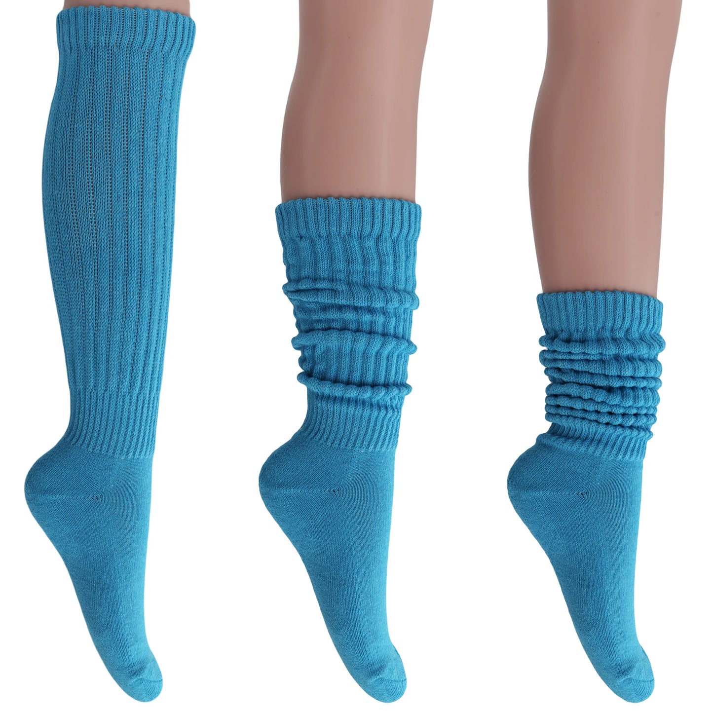 3 Pairs - Turquoise Blue Slouchy Scrunch Socks for Women Cotton Knee High Shoe Size 5 to 10