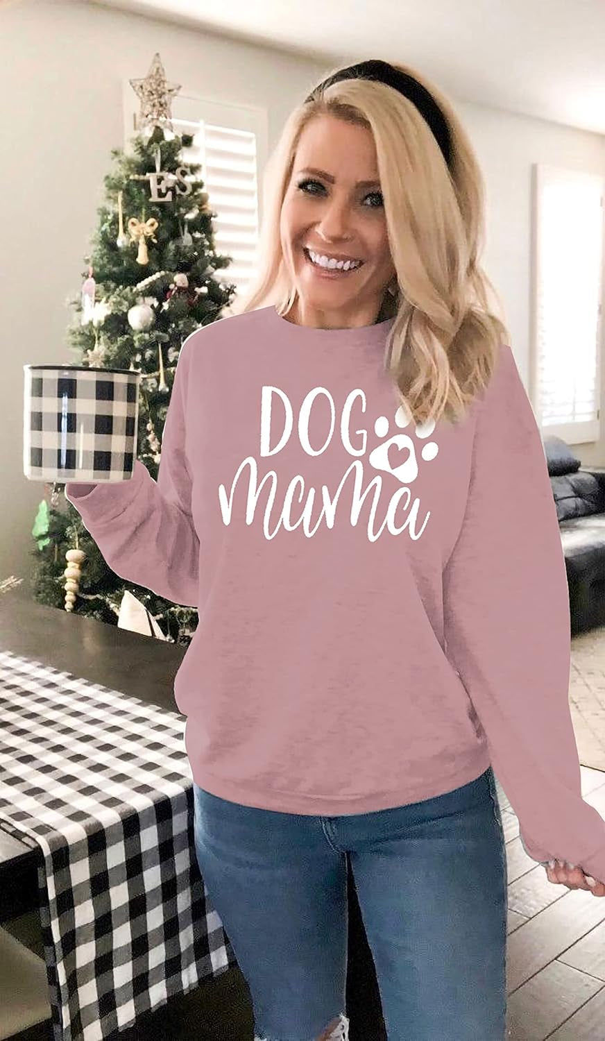 Dog Mom Sweatshirt Women Dog Mama Graphic Shirt Cute Dog Paw Shirts Dog Lover Pullover Casual Long Sleeve Tee Tops