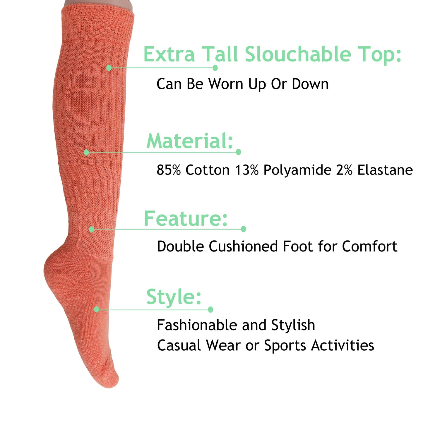 3 Pairs - Light Orange Slouchy Scrunch Socks for Women Cotton Knee High Shoe Size 5 to 10 (Copy)