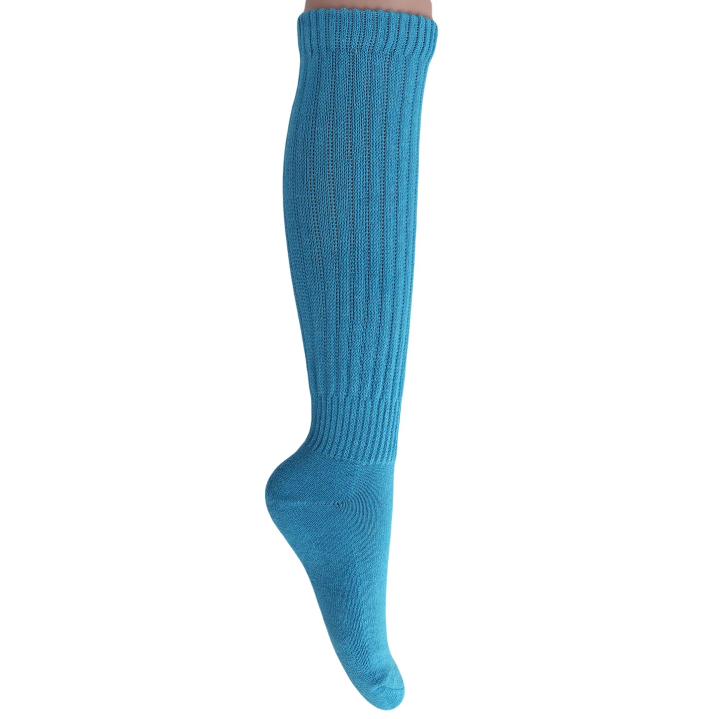 3 Pairs - Turquoise Blue Slouchy Scrunch Socks for Women Cotton Knee High Shoe Size 5 to 10