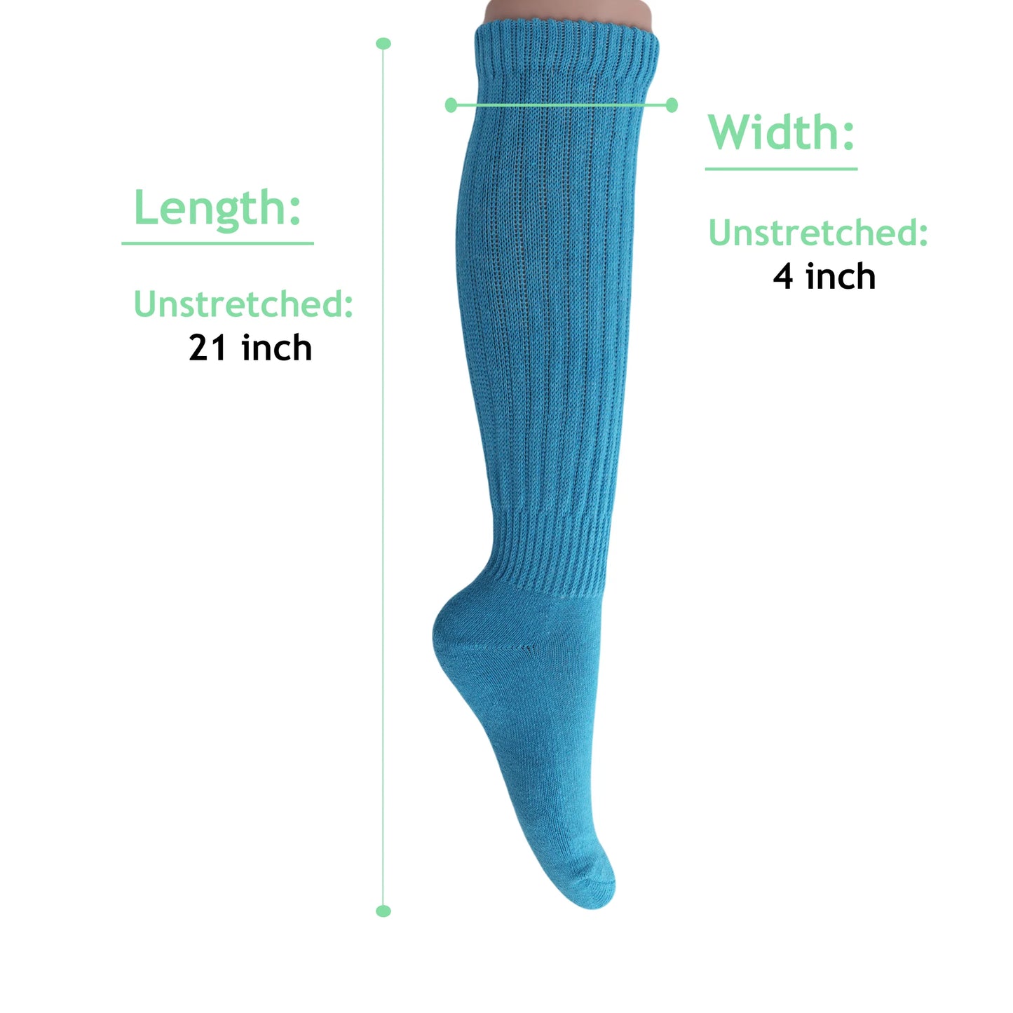 2 Pairs - Turquoise Blue Slouchy Scrunch Socks for Women Cotton Knee High Shoe Size 5 to 10