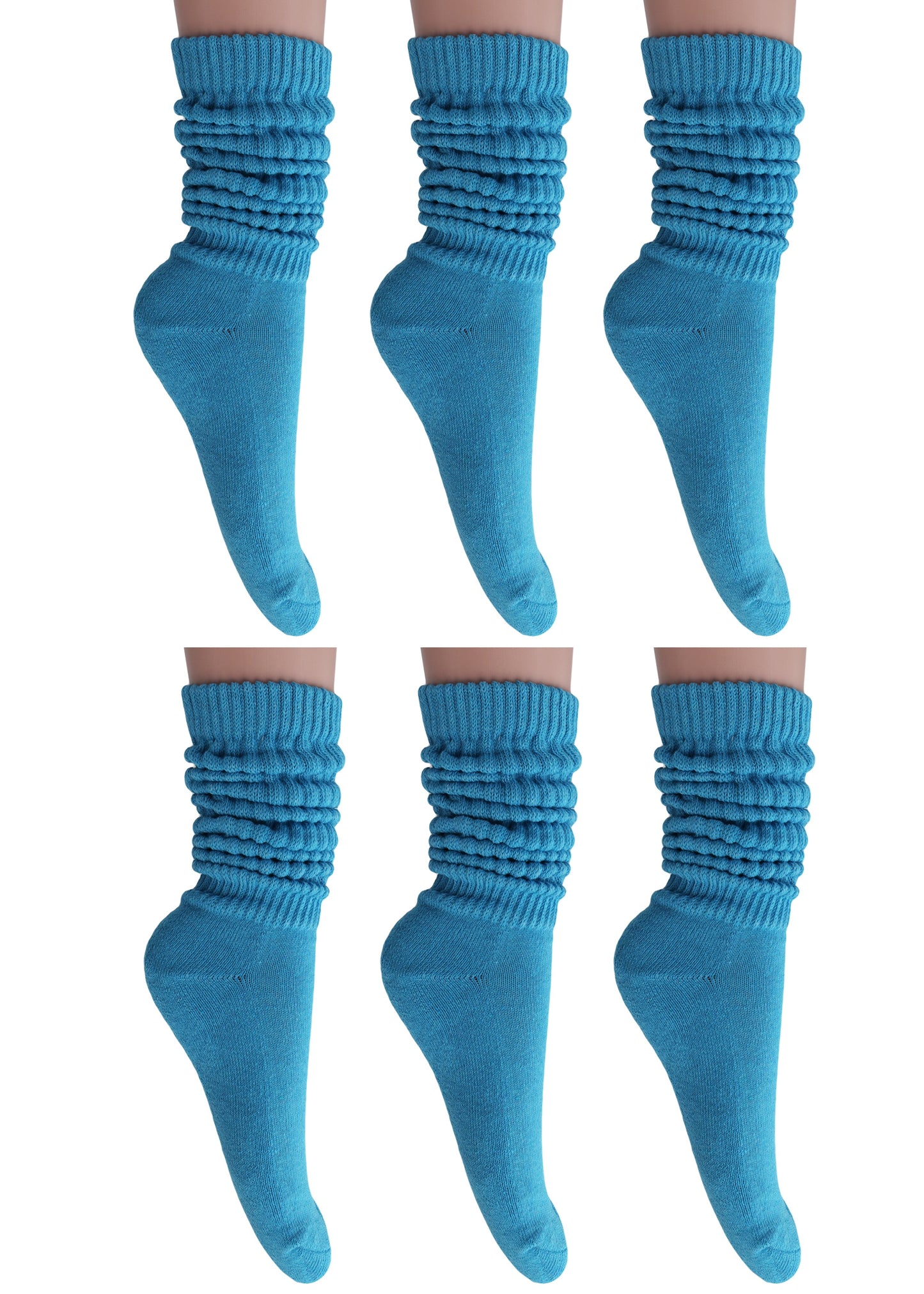 6 Pairs - Turquoise Blue Slouchy Scrunch Socks for Women Cotton Knee High Shoe Size 5 to 10