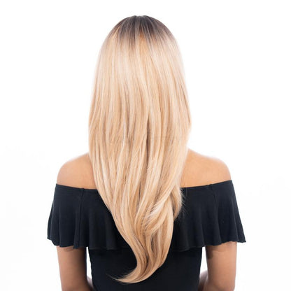 Medium-Long(22.5In/57Cm) Blackish Brown to Light Straw Gold Blonde Ombré with Platinum Highlights Layered Light Wave Realistic Synthetic Wig (Pre-Styled Synthetic Fiber) | 【With Bangs】【Adjustable, Glueless】【Usa Stocked】【Cap Included】 |#11