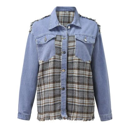 Fashion Women Denim Jackets Raw Edge Hem Plaid Splicing Casual Outerwear Single Breasted Lapel Contrast Color Shacket Pocket