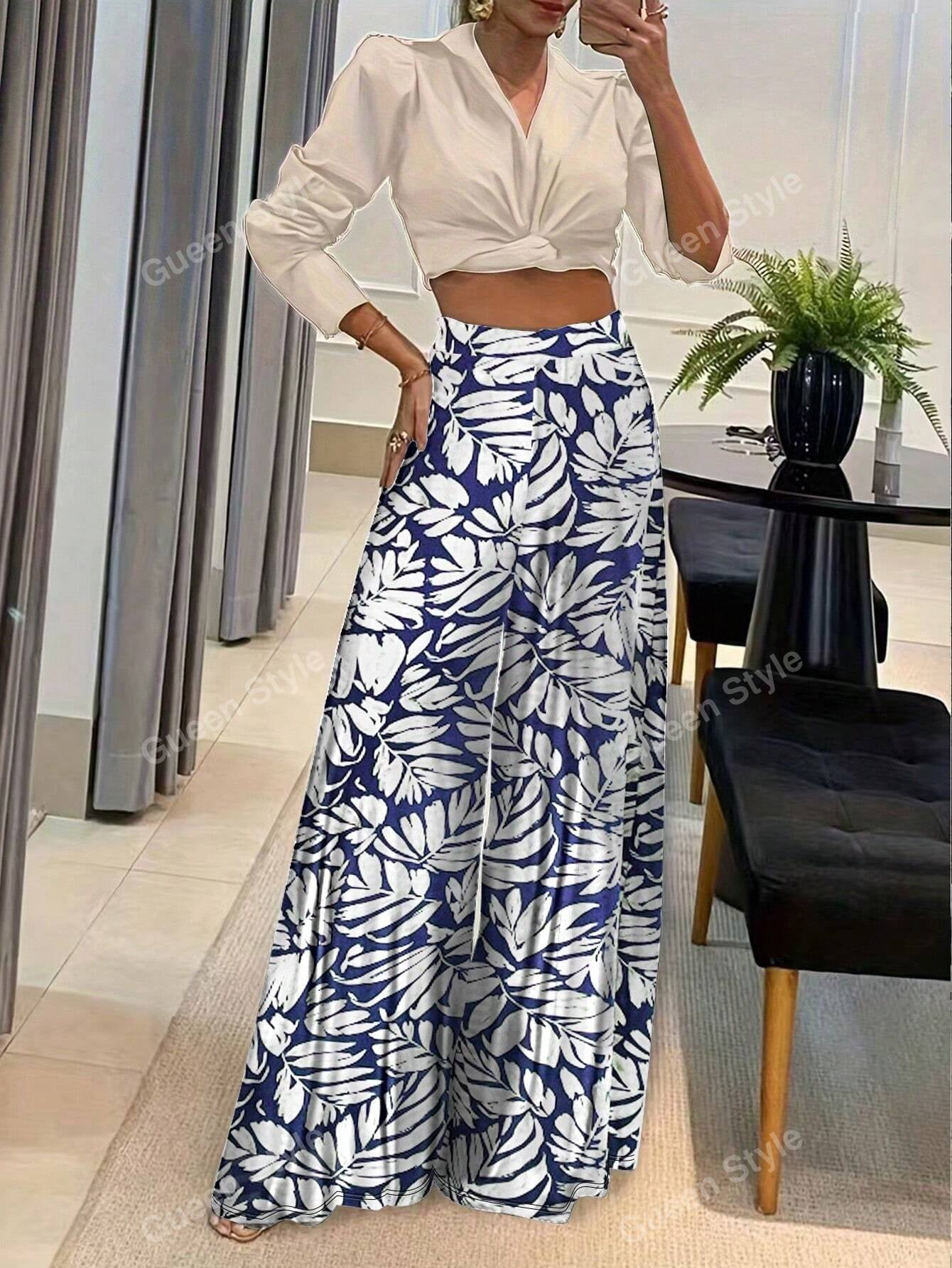 Elegant Geometric Print Loose Wide Leg Fashionable Pants for Women Autumn/Winter Wear