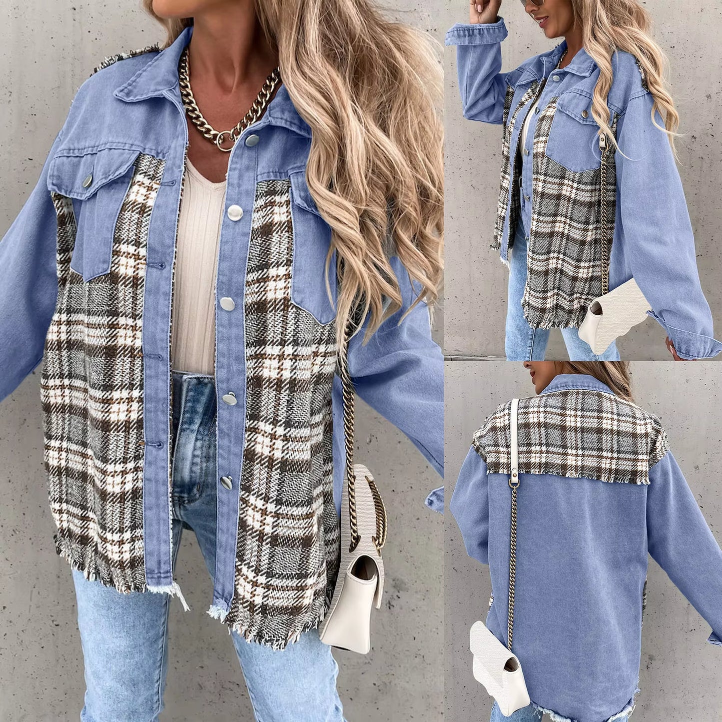 Fashion Women Denim Jackets Raw Edge Hem Plaid Splicing Casual Outerwear Single Breasted Lapel Contrast Color Shacket Pocket