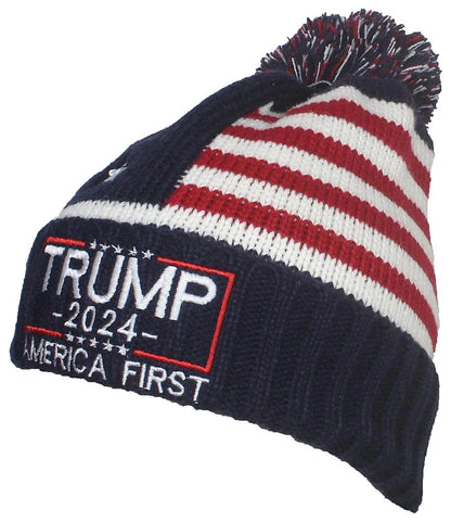 Adult US Flag Embroidered Trump Campaign Slogan Beanie - Navy/White 2024 TAB Square