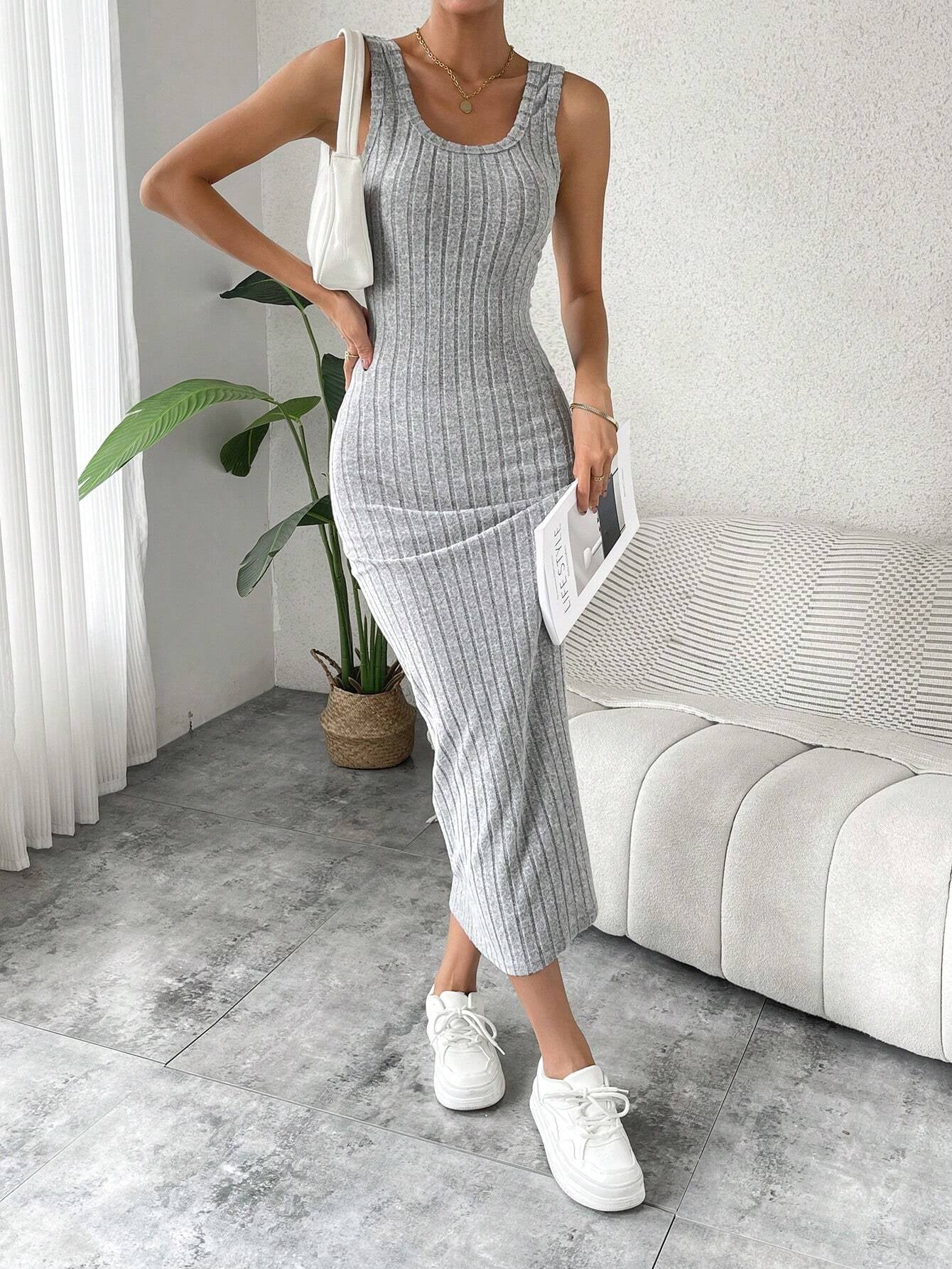 SHEIN Holidaya Solid Ribbed Knit Tank Dress Maxi Vacation Beach Outfits Women