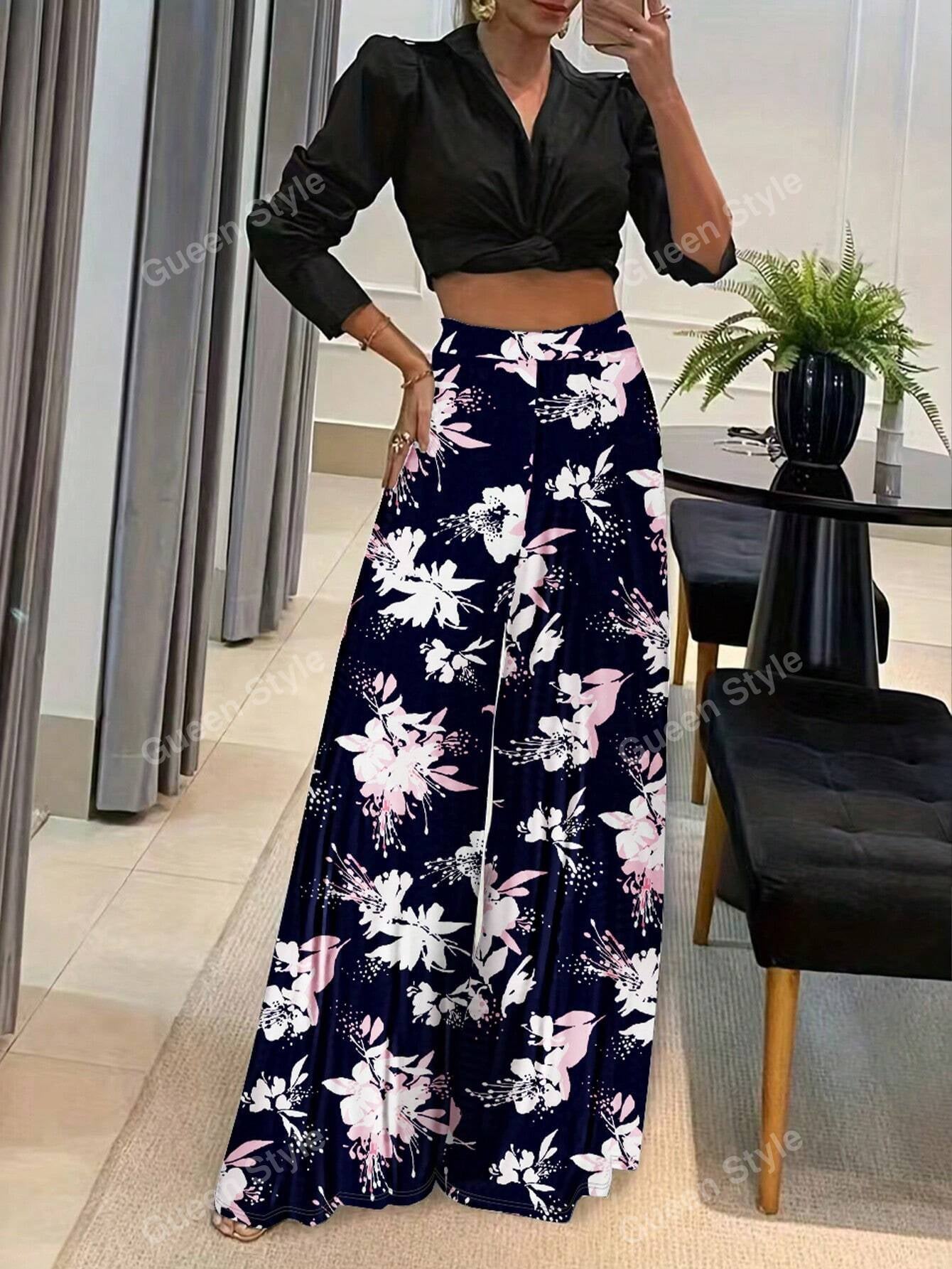 Elegant Geometric Print Loose Wide Leg Fashionable Pants for Women Autumn/Winter Wear