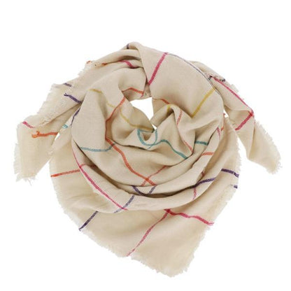 New Arrival: Cozy Cream Plaid Scarf with Rainbow Accents – Perfect for Holiday Gifting