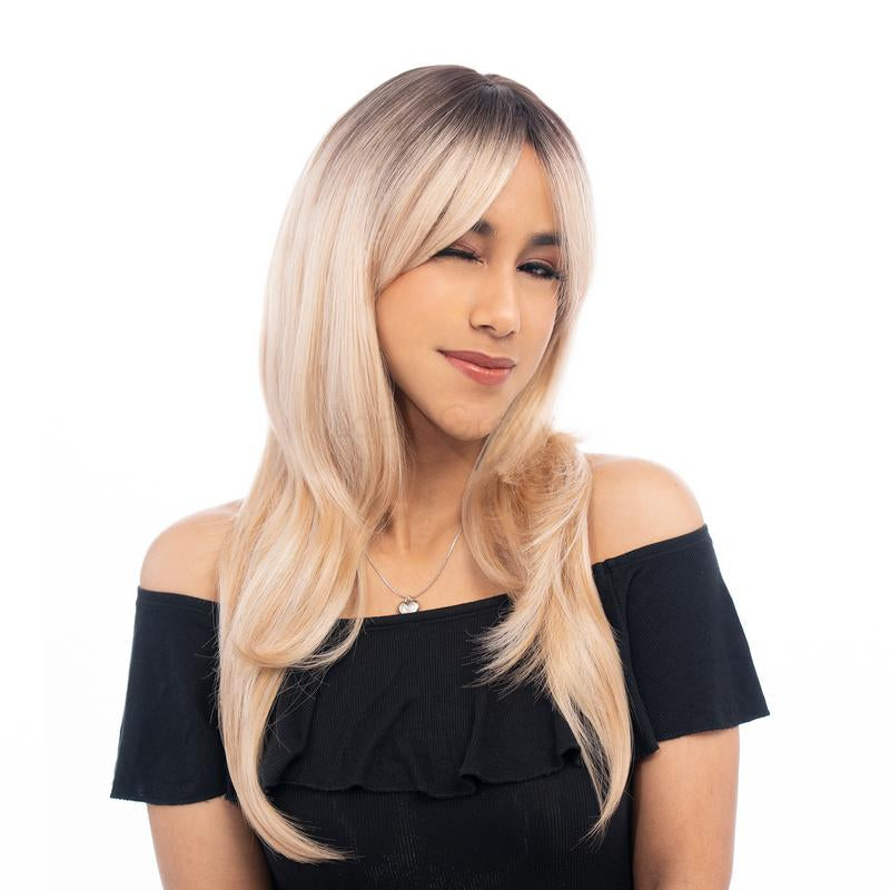 Medium-Long(22.5In/57Cm) Blackish Brown to Light Straw Gold Blonde Ombré with Platinum Highlights Layered Light Wave Realistic Synthetic Wig (Pre-Styled Synthetic Fiber) | 【With Bangs】【Adjustable, Glueless】【Usa Stocked】【Cap Included】 |#11