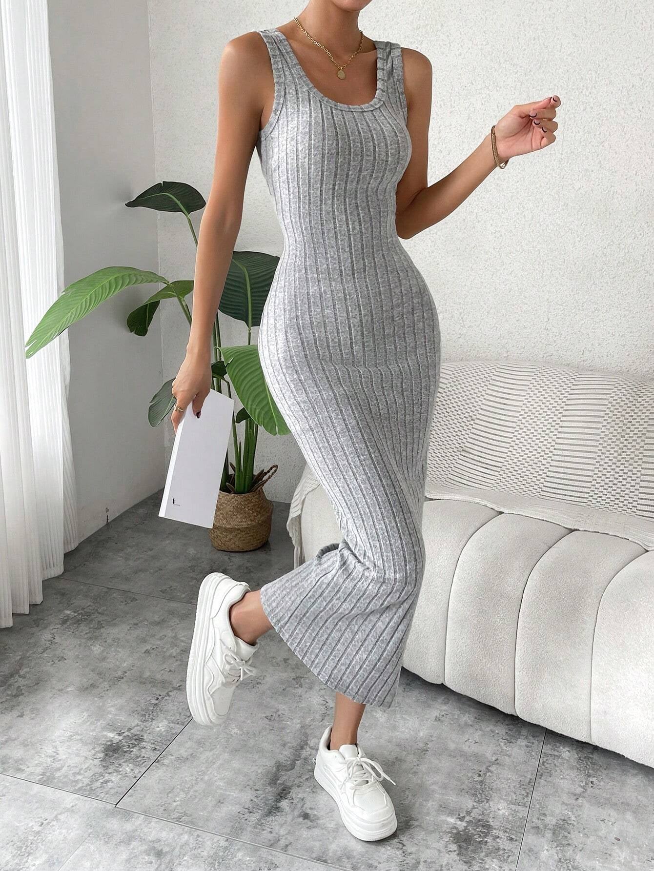 SHEIN Holidaya Solid Ribbed Knit Tank Dress Maxi Vacation Beach Outfits Women