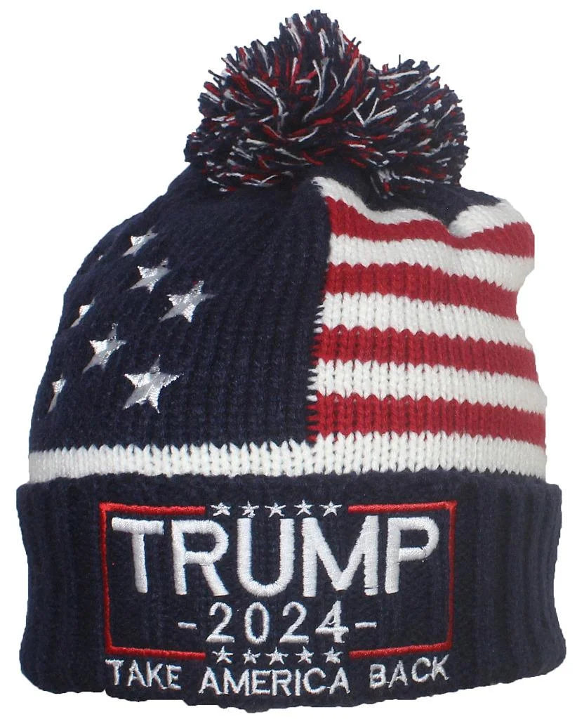 Adult US Flag Embroidered Trump Campaign Slogan Beanie - Navy/White 2024 TAB Square